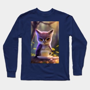 Cute Owl with a mug cup of morning coffee Long Sleeve T-Shirt